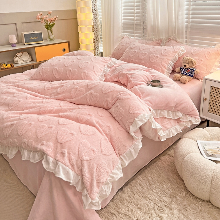 91家纺网 家纺一手货源 找家纺 澳梵 2022新款塔芙绒韩版四件套 猜心心-粉色