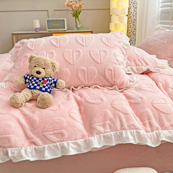 91家纺网 家纺一手货源 找家纺 澳梵 2022新款塔芙绒韩版四件套 猜心心-粉色