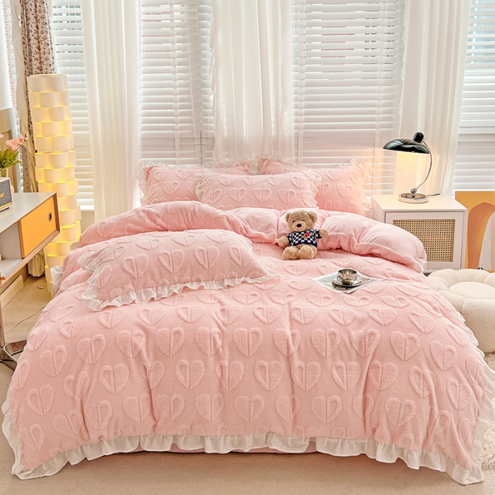 91家纺网 家纺一手货源 找家纺 澳梵 2022新款塔芙绒韩版四件套 猜心心-粉色