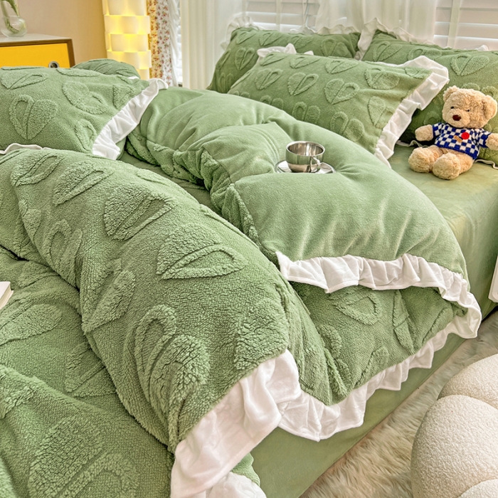 91家纺网 家纺一手货源 找家纺 澳梵 2022新款塔芙绒韩版四件套 猜心心-绿色