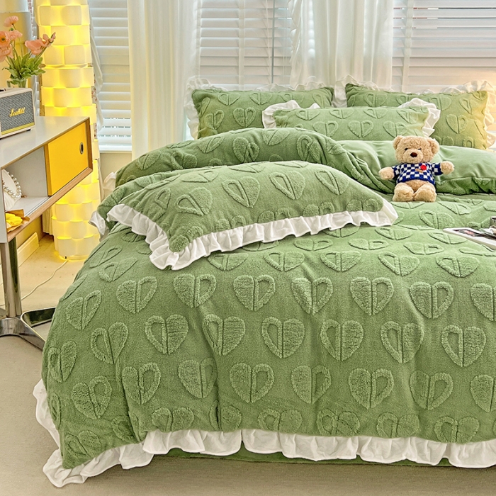 91家纺网 家纺一手货源 找家纺 澳梵 2022新款塔芙绒韩版四件套 猜心心-绿色