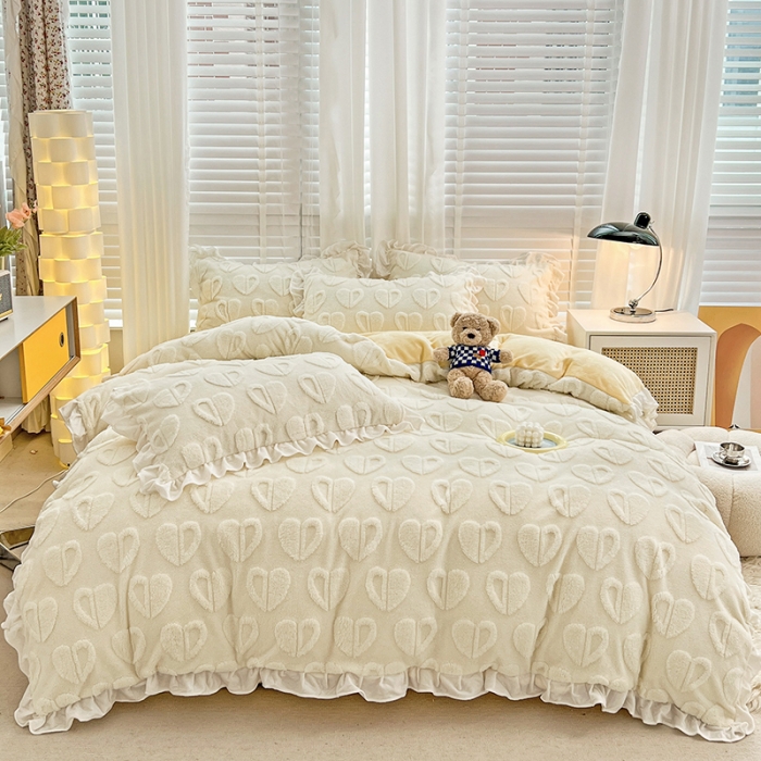 91家纺网 家纺一手货源 找家纺 澳梵 2022新款塔芙绒韩版四件套 猜心心-奶白黄