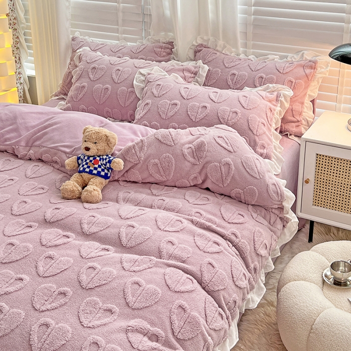 91家纺网 家纺一手货源 找家纺 澳梵 2022新款塔芙绒韩版四件套 猜心心-紫色