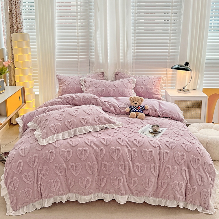 91家纺网 家纺一手货源 找家纺 澳梵 2022新款塔芙绒韩版四件套 猜心心-紫色