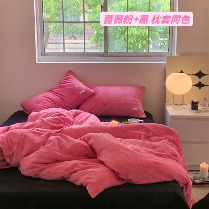 91家纺网 家纺一手货源 找家纺 桃喜 2022新款纯色混搭牛奶绒四件套 蔷薇粉+黑