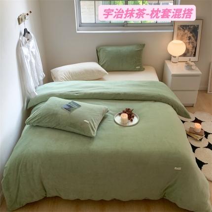 91家纺网 家纺一手货源 找家纺 桃喜 2022新款纯色混搭牛奶绒四件套 宇治抹茶