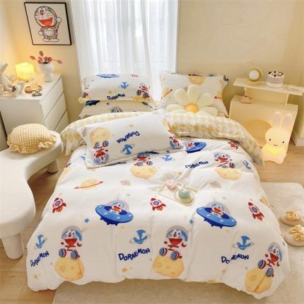 91家纺网 家纺一手货源 找家纺 （总）眠屿家纺 2022新款加厚双面牛奶绒卡通四件套哆啦A梦