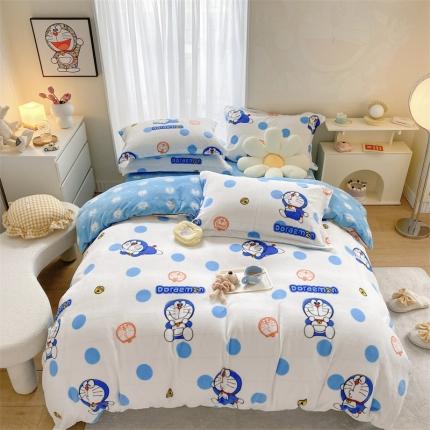 91家纺网 家纺一手货源 找家纺 眠屿 2022款加厚双面牛奶绒卡通四件套绒哆啦A梦-波点叮当
