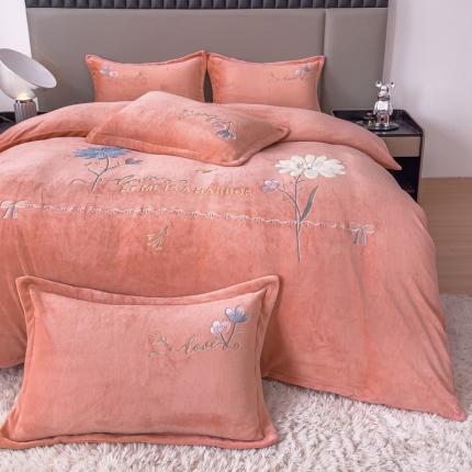 91家纺网 家纺一手货源 找家纺 金米诺 直播供货纯色牛奶绒绣花四件套小清新床裙式 初遇 初遇-桔色