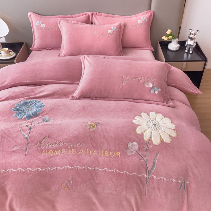 91家纺网 家纺一手货源 找家纺 金米诺 直播供货纯色牛奶绒绣花四件套小清新床裙式 初遇 初遇-豆沙