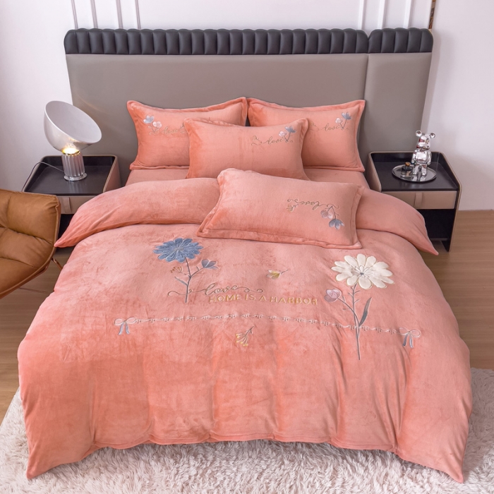 91家纺网 家纺一手货源 找家纺 金米诺 直播供货纯色牛奶绒绣花四件套小清新床裙式 初遇 初遇-桔色