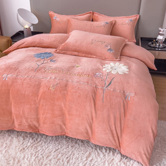 91家纺网 家纺一手货源 找家纺 金米诺 直播供货纯色牛奶绒绣花四件套小清新床裙式 初遇 初遇-桔色