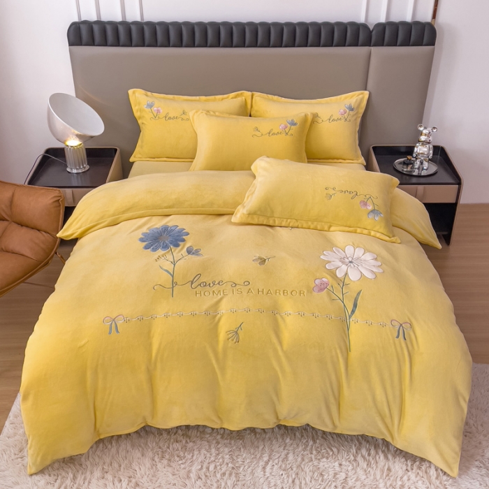 91家纺网 家纺一手货源 找家纺 金米诺 直播供货纯色牛奶绒绣花四件套小清新床裙式 初遇 初遇-奶油黄