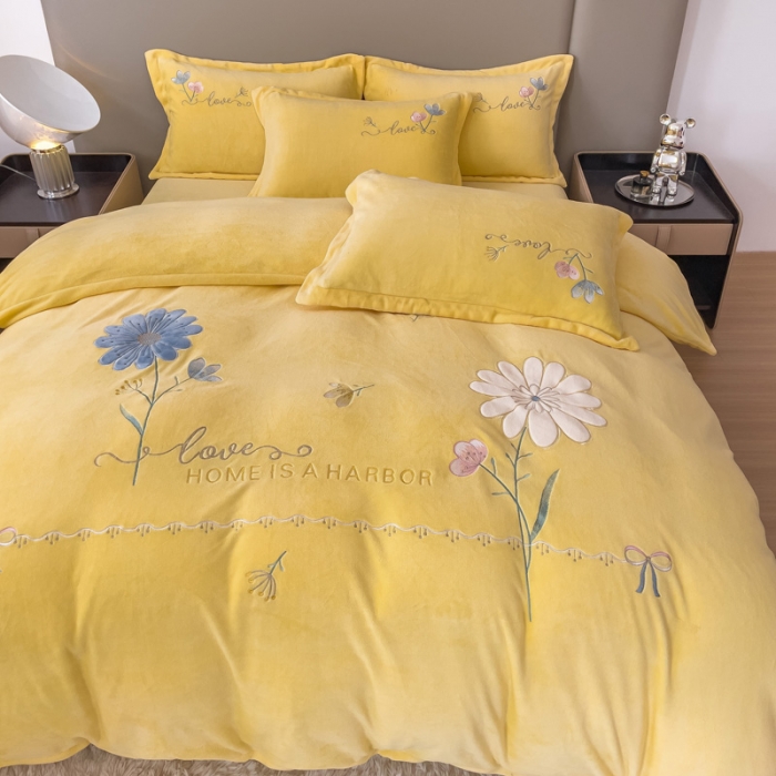 91家纺网 家纺一手货源 找家纺 金米诺 直播供货纯色牛奶绒绣花四件套小清新床裙式 初遇 初遇-奶油黄