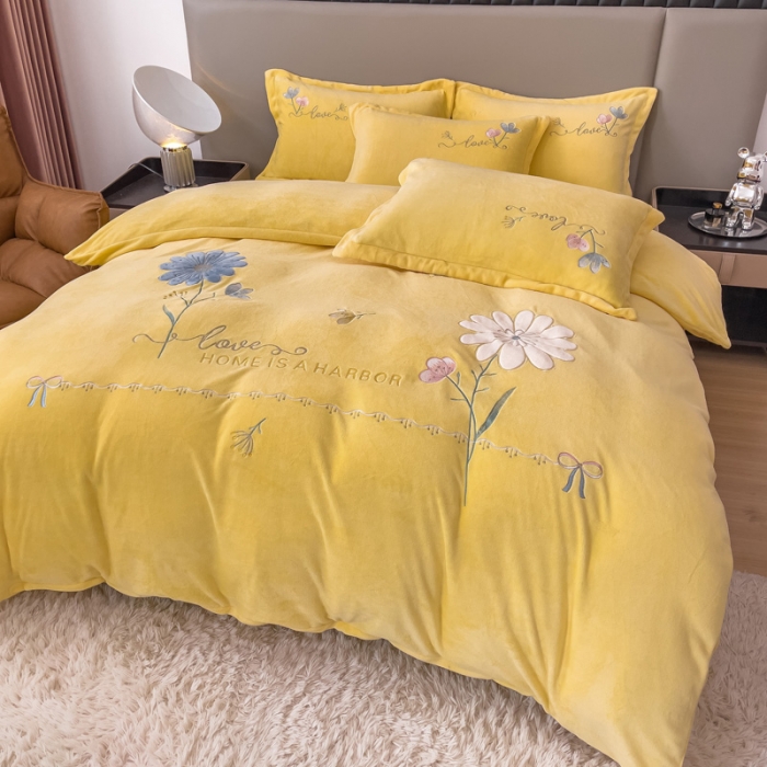 91家纺网 家纺一手货源 找家纺 金米诺 直播供货纯色牛奶绒绣花四件套小清新床裙式 初遇 初遇-奶油黄