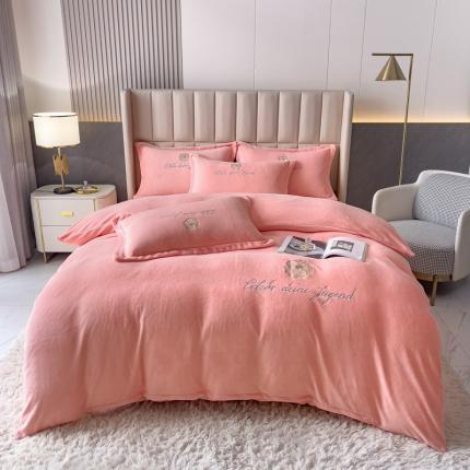 91家纺网 家纺一手货源 找家纺 金米诺 直播供货纯色牛奶绒绣花四件套小清新床裙式 山茶花 山茶花-藕粉玉