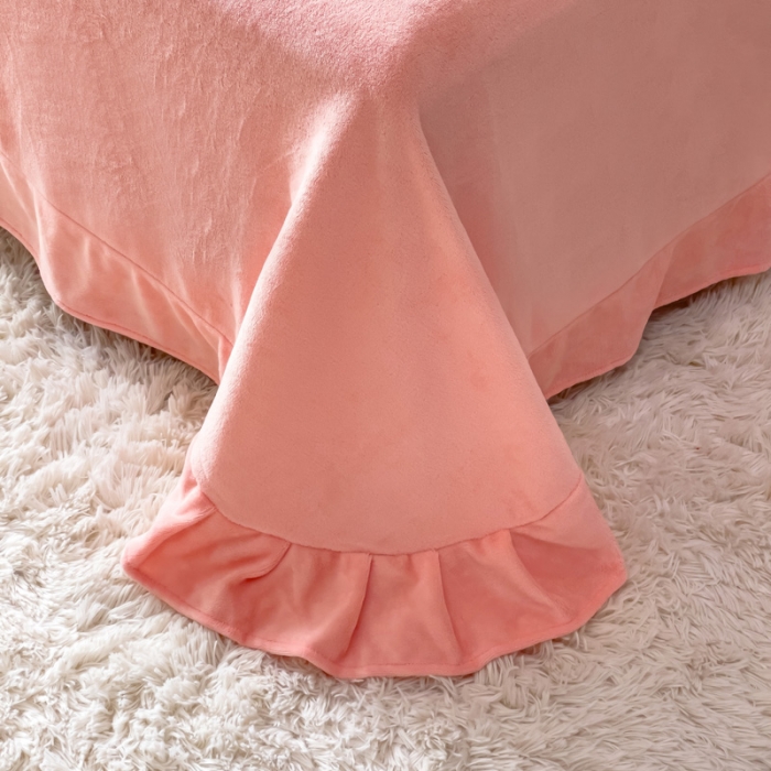 91家纺网 家纺一手货源 找家纺 金米诺 直播供货纯色牛奶绒绣花四件套小清新床裙式 山茶花 山茶花-藕粉玉