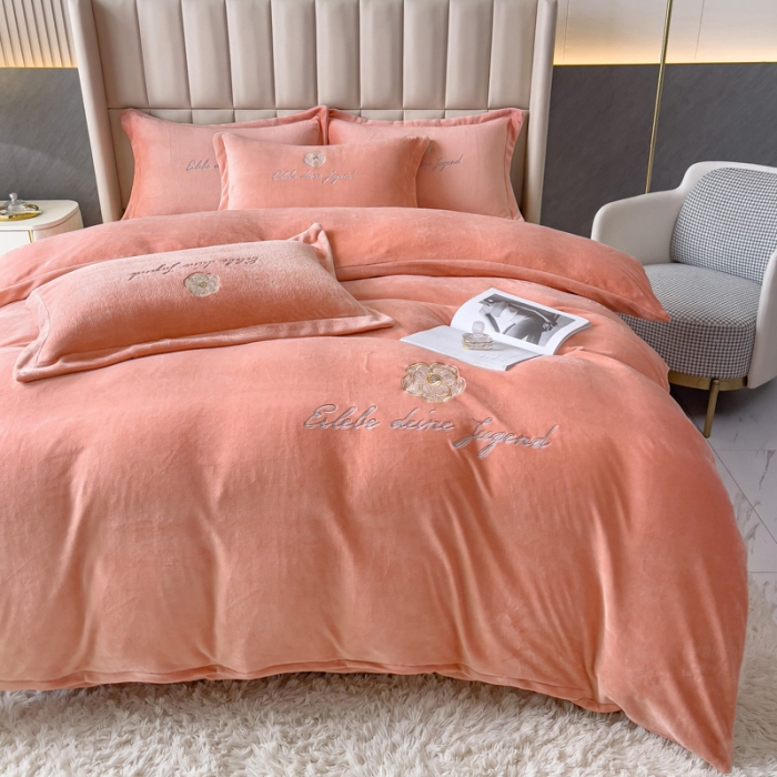 91家纺网 家纺一手货源 找家纺 金米诺 直播供货纯色牛奶绒绣花四件套小清新床裙式 山茶花 山茶花-桔色