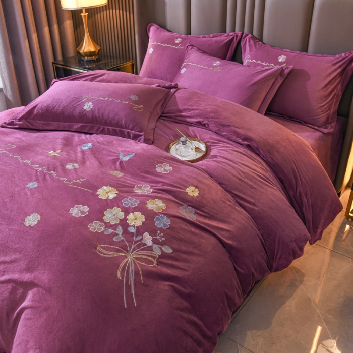 91家纺网 家纺一手货源 找家纺 总金米诺 直播供货纯色水晶牛奶绒四件套小清新床裙式  花之境