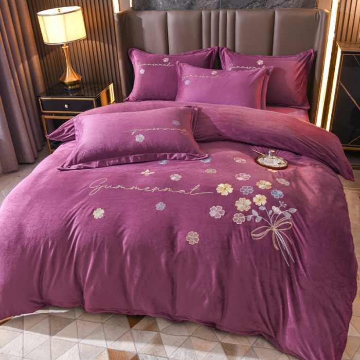 91家纺网 家纺一手货源 找家纺 总金米诺 直播供货纯色水晶牛奶绒四件套小清新床裙式  花之境