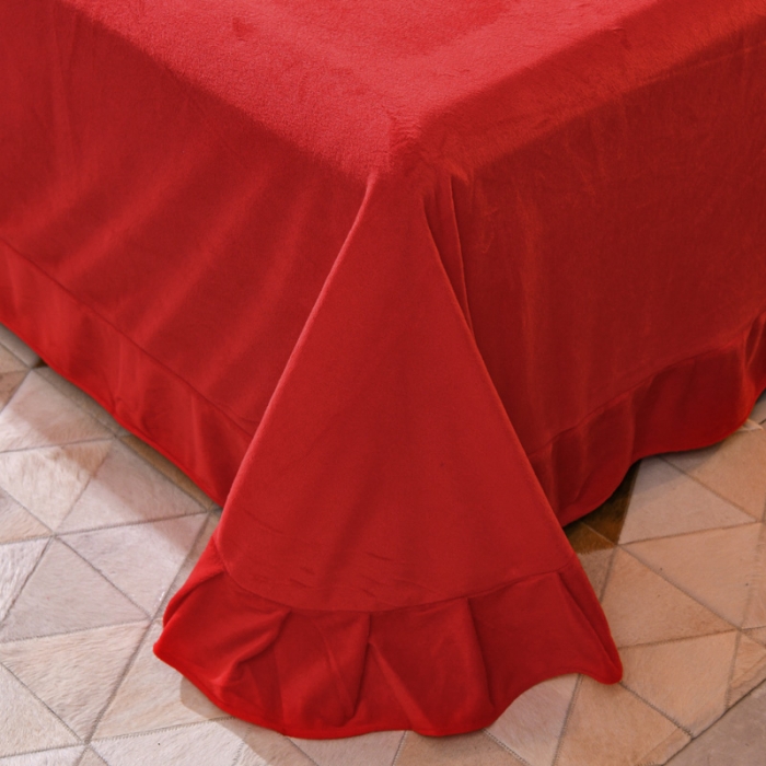 91家纺网 家纺一手货源 找家纺 金米诺 直播供货纯色水晶牛奶绒四件套小清新床裙式  花之境 花之境-大红