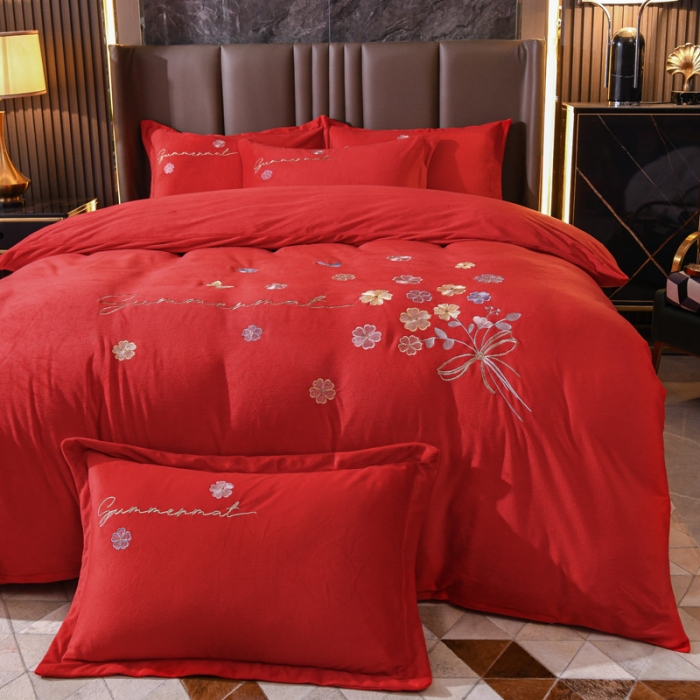 91家纺网 家纺一手货源 找家纺 金米诺 直播供货纯色水晶牛奶绒四件套小清新床裙式  花之境 花之境-大红