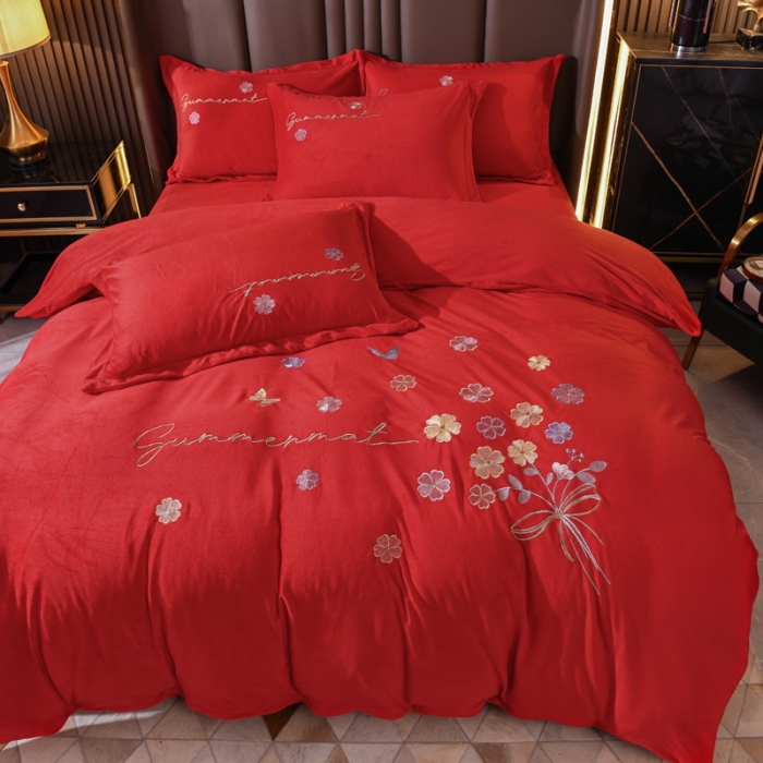 91家纺网 家纺一手货源 找家纺 金米诺 直播供货纯色水晶牛奶绒四件套小清新床裙式  花之境 花之境-大红