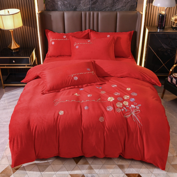 91家纺网 家纺一手货源 找家纺 金米诺 直播供货纯色水晶牛奶绒四件套小清新床裙式  花之境 花之境-大红