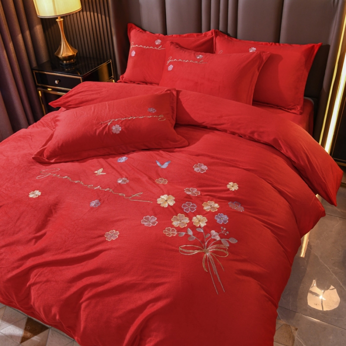 91家纺网 家纺一手货源 找家纺 金米诺 直播供货纯色水晶牛奶绒四件套小清新床裙式  花之境 花之境-大红