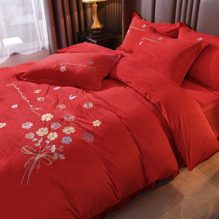 91家纺网 家纺一手货源 找家纺 金米诺 直播供货纯色水晶牛奶绒四件套小清新床裙式  花之境 花之境-大红