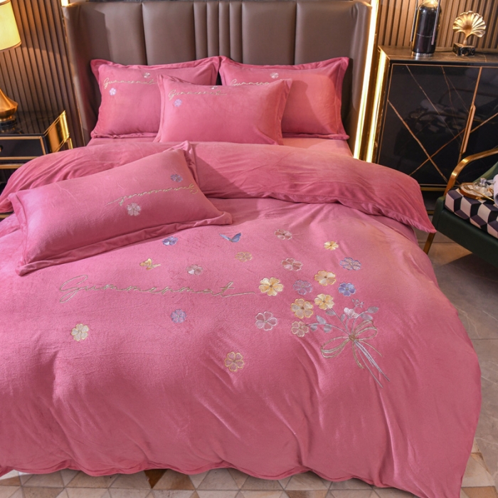 91家纺网 家纺一手货源 找家纺 金米诺 直播供货纯色水晶牛奶绒四件套小清新床裙式  花之境 花之境-豆沙