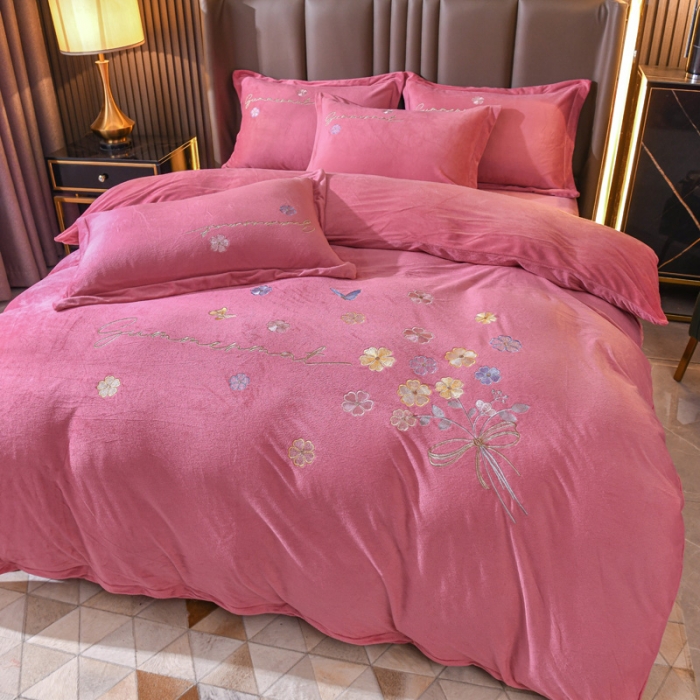 91家纺网 家纺一手货源 找家纺 金米诺 直播供货纯色水晶牛奶绒四件套小清新床裙式  花之境 花之境-豆沙