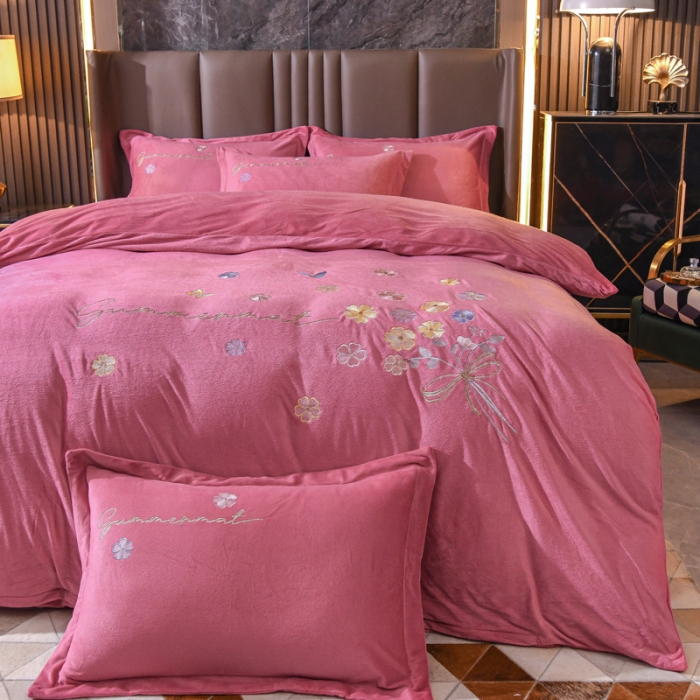 91家纺网 家纺一手货源 找家纺 金米诺 直播供货纯色水晶牛奶绒四件套小清新床裙式  花之境 花之境-豆沙