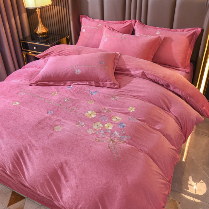 91家纺网 家纺一手货源 找家纺 金米诺 直播供货纯色水晶牛奶绒四件套小清新床裙式  花之境 花之境-豆沙