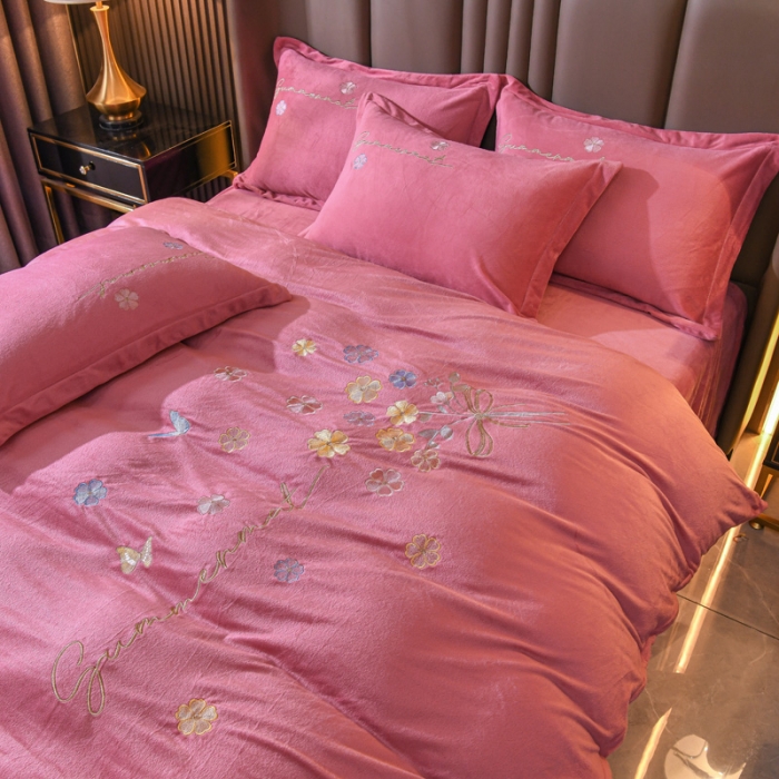 91家纺网 家纺一手货源 找家纺 金米诺 直播供货纯色水晶牛奶绒四件套小清新床裙式  花之境 花之境-豆沙