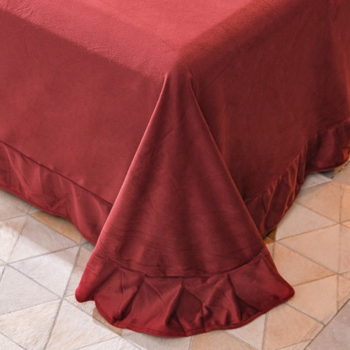 91家纺网 家纺一手货源 找家纺 金米诺 直播供货纯色水晶牛奶绒四件套小清新床裙式  花之境 花之境-酒红