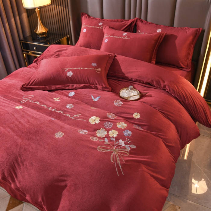 91家纺网 家纺一手货源 找家纺 金米诺 直播供货纯色水晶牛奶绒四件套小清新床裙式  花之境 花之境-酒红