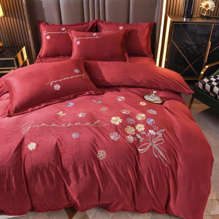 91家纺网 家纺一手货源 找家纺 金米诺 直播供货纯色水晶牛奶绒四件套小清新床裙式  花之境 花之境-酒红