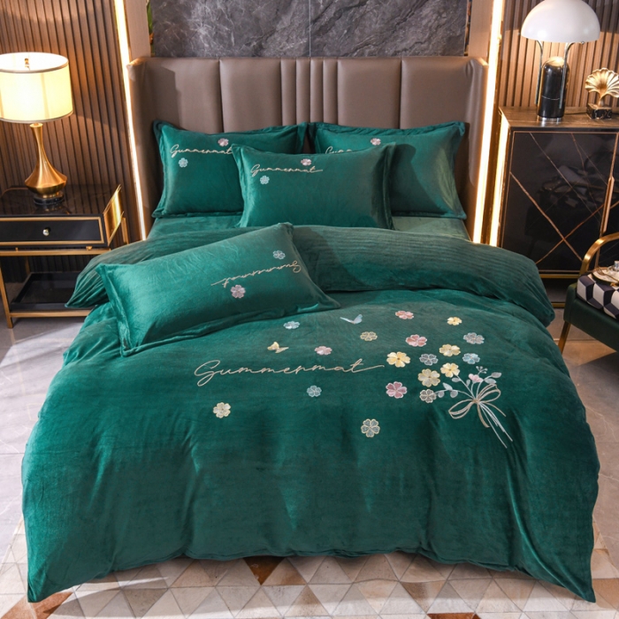 91家纺网 家纺一手货源 找家纺 金米诺 直播供货纯色水晶牛奶绒四件套小清新床裙式  花之境 花之境-墨绿