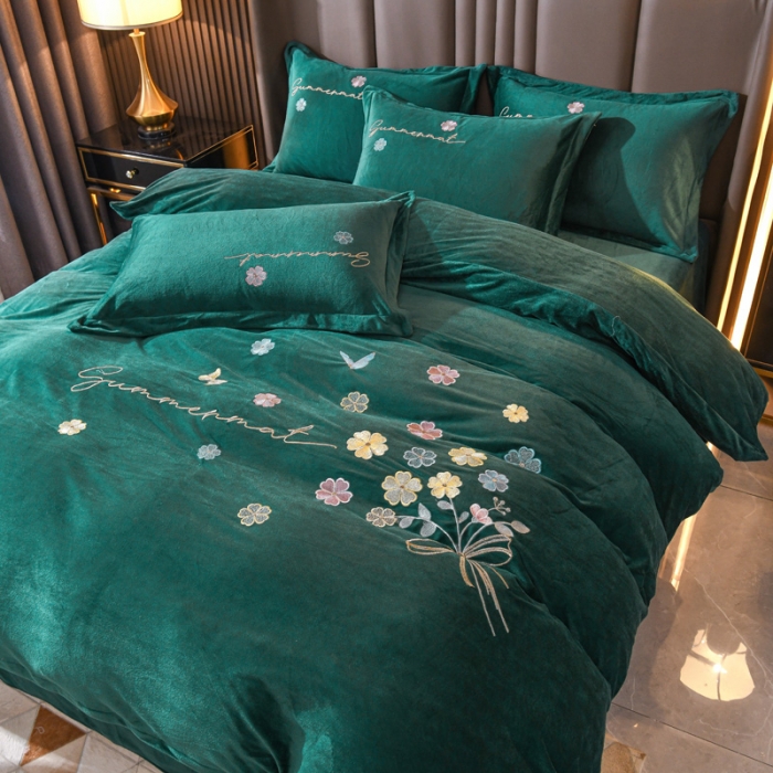 91家纺网 家纺一手货源 找家纺 金米诺 直播供货纯色水晶牛奶绒四件套小清新床裙式  花之境 花之境-墨绿