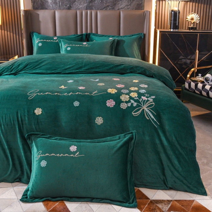 91家纺网 家纺一手货源 找家纺 金米诺 直播供货纯色水晶牛奶绒四件套小清新床裙式  花之境 花之境-墨绿