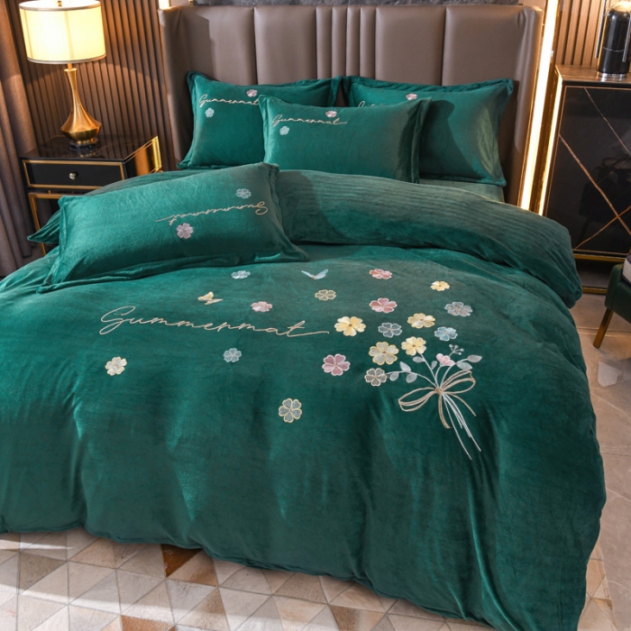 91家纺网 家纺一手货源 找家纺 金米诺 直播供货纯色水晶牛奶绒四件套小清新床裙式  花之境 花之境-墨绿