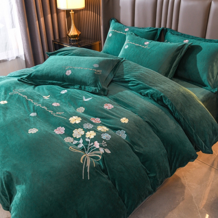 91家纺网 家纺一手货源 找家纺 金米诺 直播供货纯色水晶牛奶绒四件套小清新床裙式  花之境 花之境-墨绿