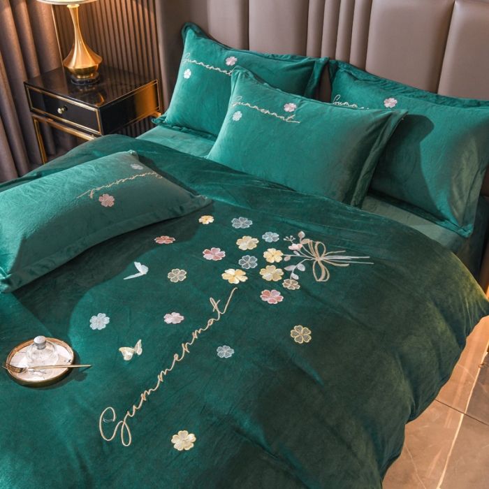 91家纺网 家纺一手货源 找家纺 金米诺 直播供货纯色水晶牛奶绒四件套小清新床裙式  花之境 花之境-墨绿