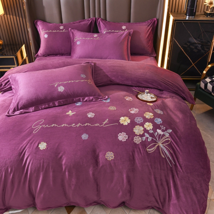 91家纺网 家纺一手货源 找家纺 金米诺 直播供货纯色水晶牛奶绒四件套小清新床裙式  花之境 花之境-紫色