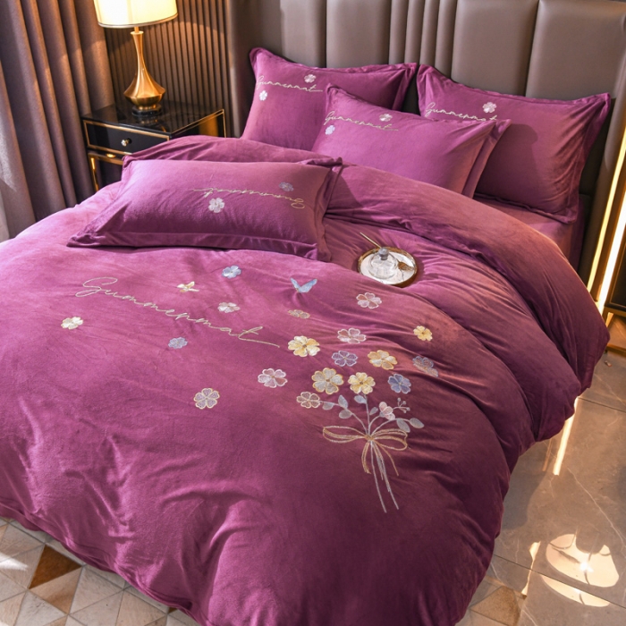 91家纺网 家纺一手货源 找家纺 金米诺 直播供货纯色水晶牛奶绒四件套小清新床裙式  花之境 花之境-紫色