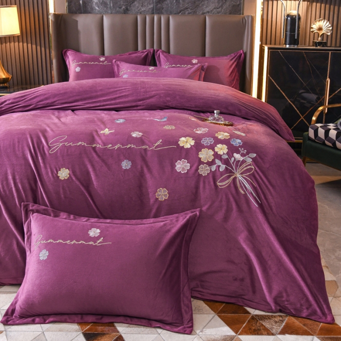 91家纺网 家纺一手货源 找家纺 金米诺 直播供货纯色水晶牛奶绒四件套小清新床裙式  花之境 花之境-紫色