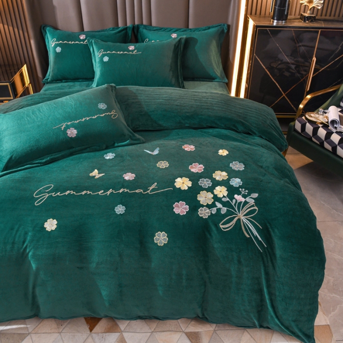 91家纺网 家纺一手货源 找家纺 金米诺 直播供货纯色水晶牛奶绒四件套小清新床裙式  花之境 花之境-墨绿