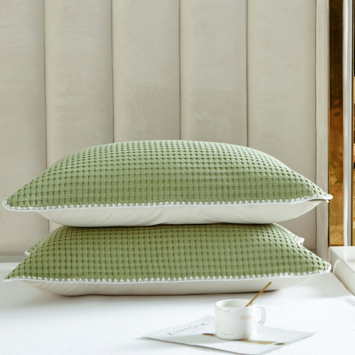 91家纺网 家纺一手货源 找家纺 朴尔 2022新款全棉纱布华夫格素色枕巾系列 华夫格纹枕巾-抹茶