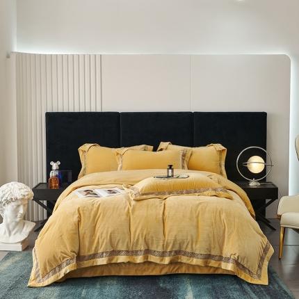 91家纺网 家纺一手货源 找家纺 时亿 2022新款A类高克重纯色婴儿绒牛奶绒四件套 奶黄